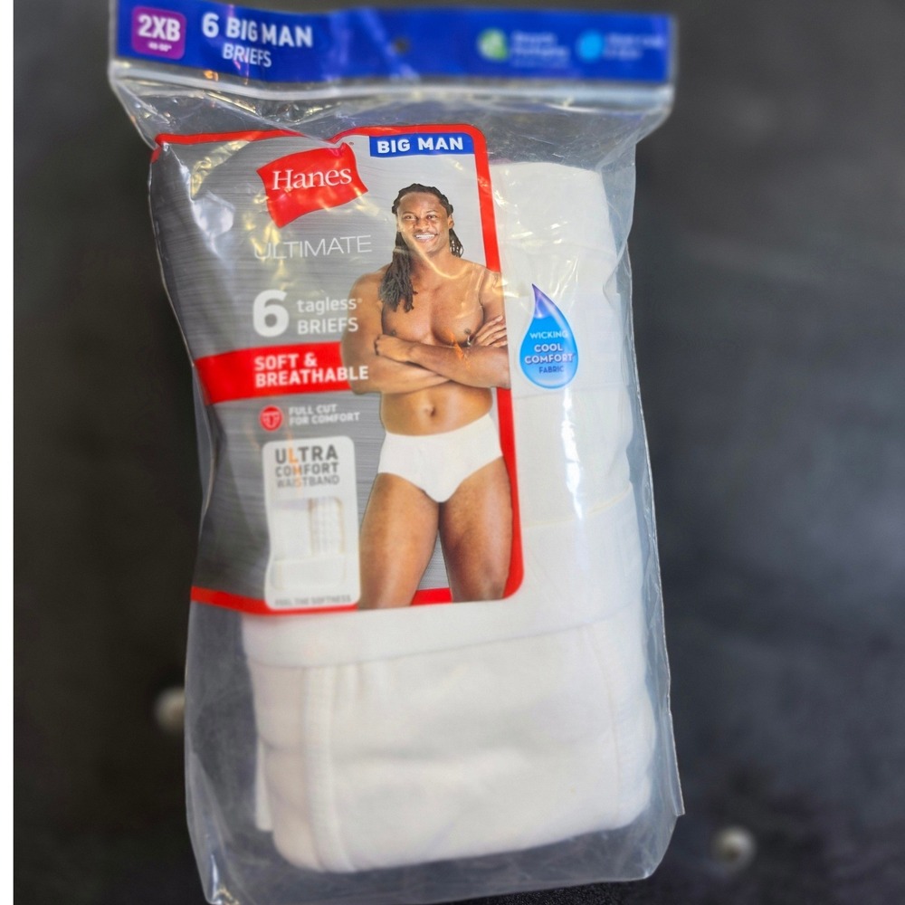 Hanes Ultimate Big Man White Tagless Briefs 6 Pack 2XB 100% Cotton 7764B6 NEW